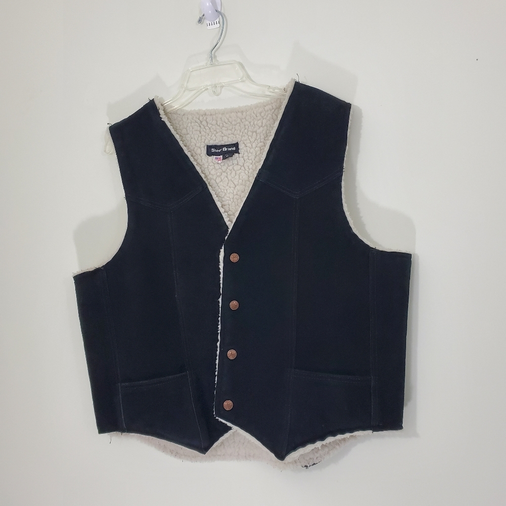 Steer Brand Black Leather Vest with Sherpa, Size XL